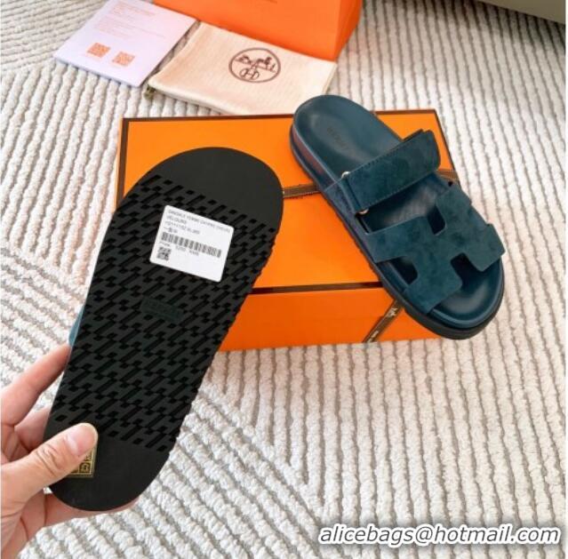 Super Quality Hermes Chypre Flat Sandals in Suede Peacock Green 123107