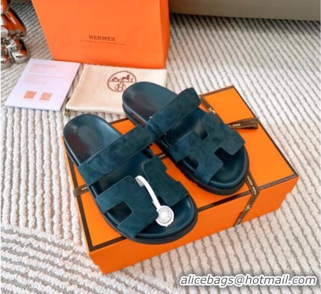 Super Quality Hermes Chypre Flat Sandals in Suede Peacock Green 123107