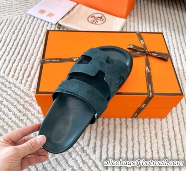 Super Quality Hermes Chypre Flat Sandals in Suede Peacock Green 123107