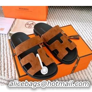 Charming Hermes Chypre Flat Sandals in Suede Dark Brown 0123109