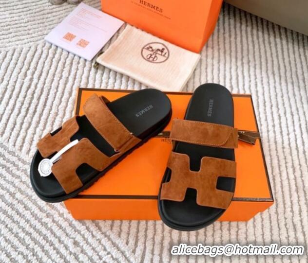 Charming Hermes Chypre Flat Sandals in Suede Dark Brown 0123109