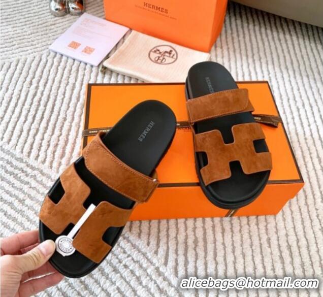 Charming Hermes Chypre Flat Sandals in Suede Dark Brown 0123109