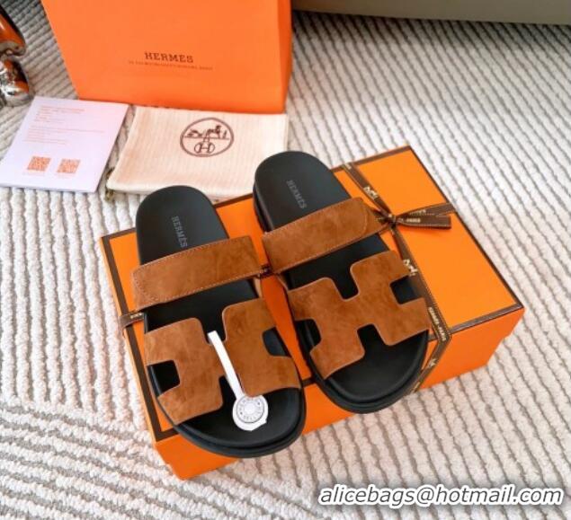 Charming Hermes Chypre Flat Sandals in Suede Dark Brown 0123109