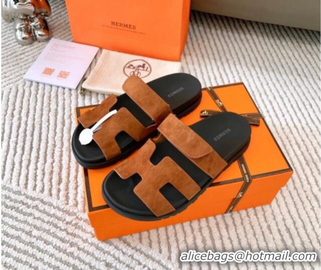 Charming Hermes Chypre Flat Sandals in Suede Dark Brown 0123109