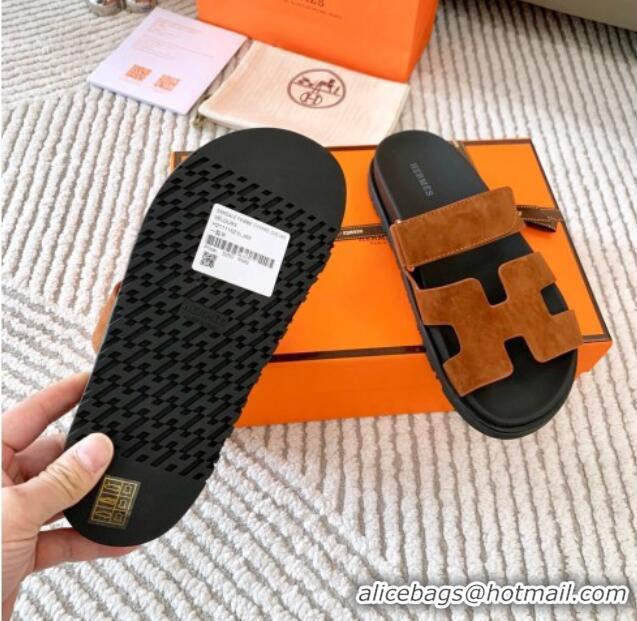 Charming Hermes Chypre Flat Sandals in Suede Dark Brown 0123109