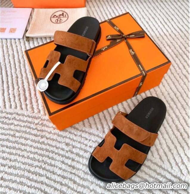 Charming Hermes Chypre Flat Sandals in Suede Dark Brown 0123109