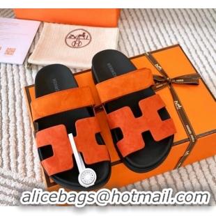 Trendy Design Hermes Chypre Flat Sandals in Suede Orange 123108