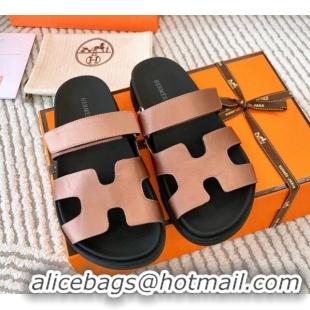 Best Quality Hermes Chypre Flat Sandals in Satin Fabric Powder Pink 0123110