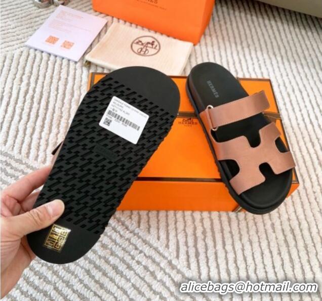 Best Quality Hermes Chypre Flat Sandals in Satin Fabric Powder Pink 0123110