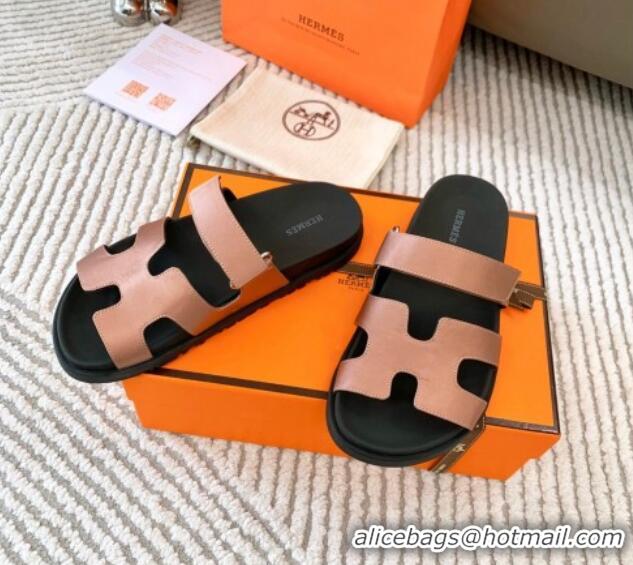 Best Quality Hermes Chypre Flat Sandals in Satin Fabric Powder Pink 0123110