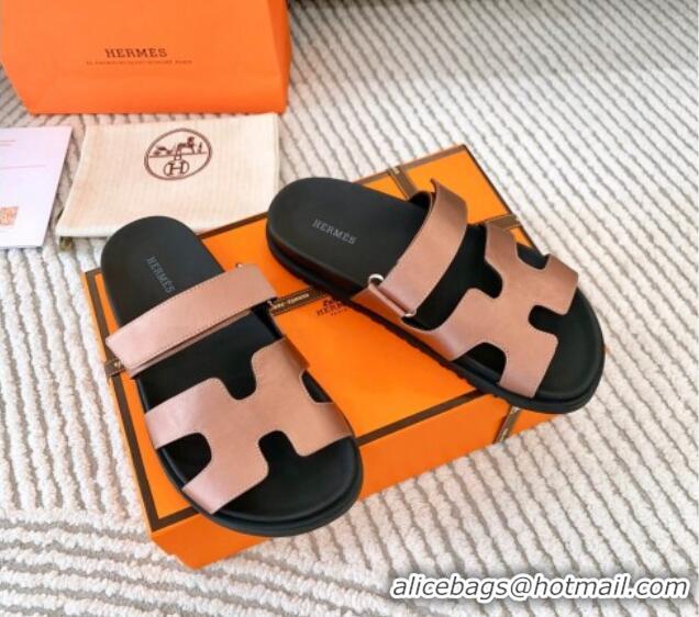 Best Quality Hermes Chypre Flat Sandals in Satin Fabric Powder Pink 0123110