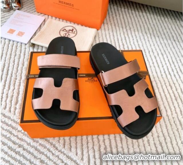 Best Quality Hermes Chypre Flat Sandals in Satin Fabric Powder Pink 0123110