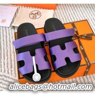 Good Quality Hermes Chypre Flat Sandals in Satin Fabric Purple 0123111