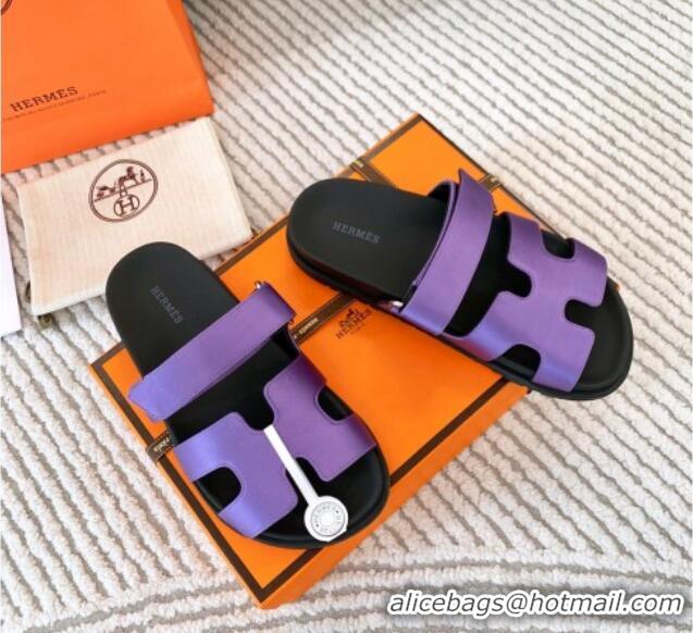 Good Quality Hermes Chypre Flat Sandals in Satin Fabric Purple 0123111