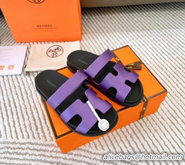 Good Quality Hermes Chypre Flat Sandals in Satin Fabric Purple 0123111