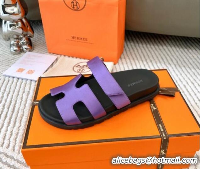 Good Quality Hermes Chypre Flat Sandals in Satin Fabric Purple 0123111