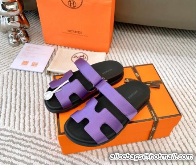 Good Quality Hermes Chypre Flat Sandals in Satin Fabric Purple 0123111