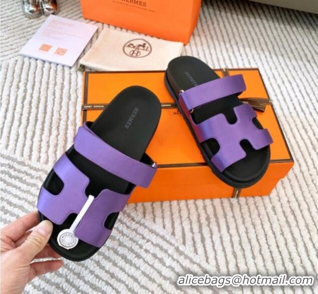 Good Quality Hermes Chypre Flat Sandals in Satin Fabric Purple 0123111