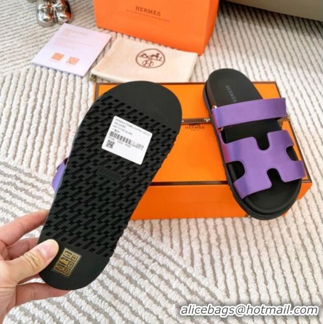 Good Quality Hermes Chypre Flat Sandals in Satin Fabric Purple 0123111