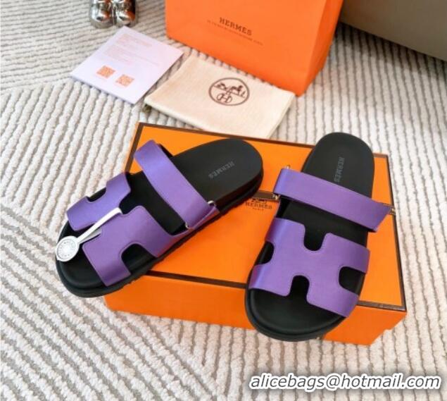 Good Quality Hermes Chypre Flat Sandals in Satin Fabric Purple 0123111