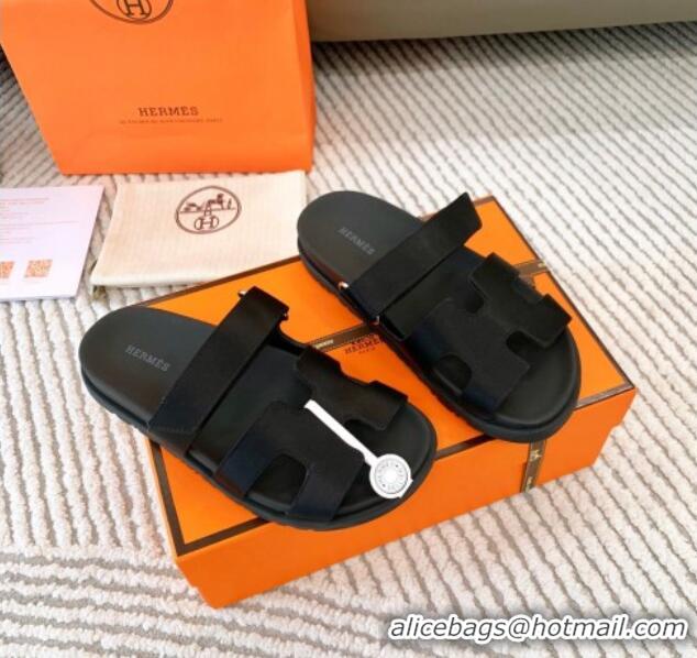 Top Quality Hermes Chypre Flat Sandals in Satin Fabric Black 123112