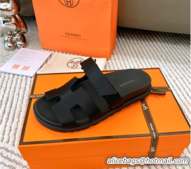 Top Quality Hermes Chypre Flat Sandals in Satin Fabric Black 123112