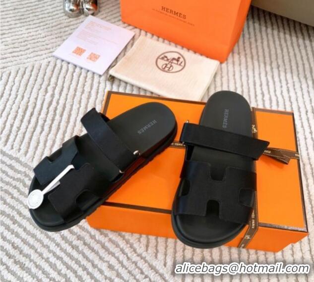 Top Quality Hermes Chypre Flat Sandals in Satin Fabric Black 123112