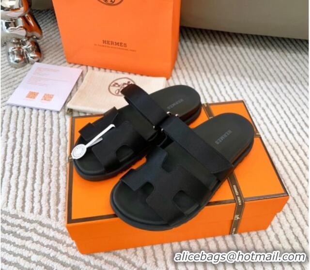 Top Quality Hermes Chypre Flat Sandals in Satin Fabric Black 123112