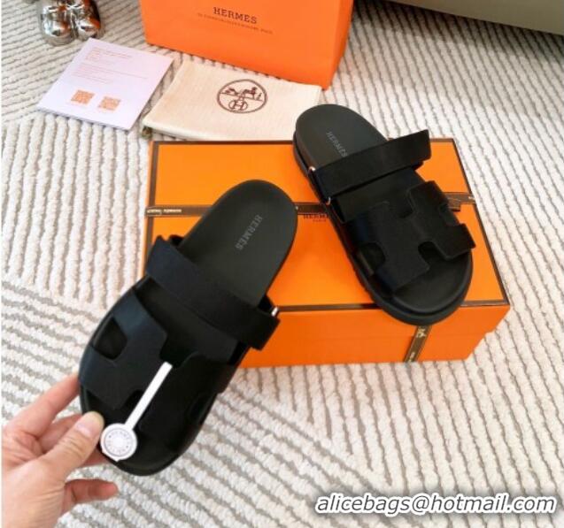 Top Quality Hermes Chypre Flat Sandals in Satin Fabric Black 123112