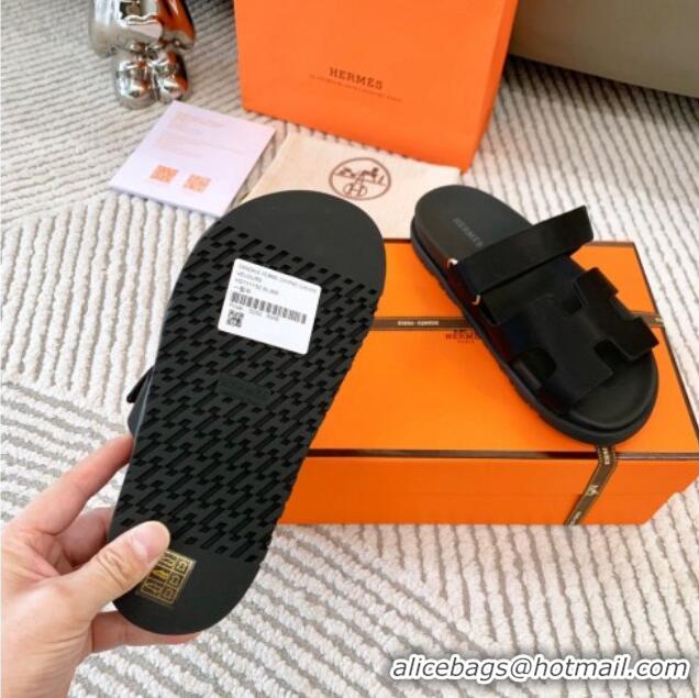 Top Quality Hermes Chypre Flat Sandals in Satin Fabric Black 123112