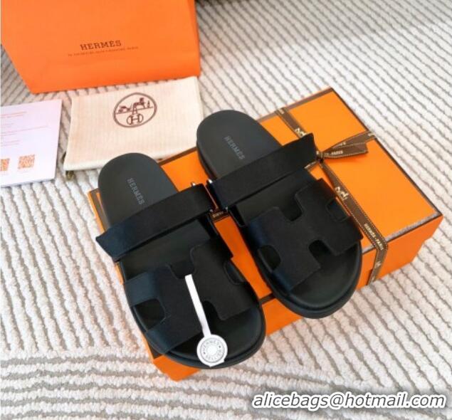 Top Quality Hermes Chypre Flat Sandals in Satin Fabric Black 123112