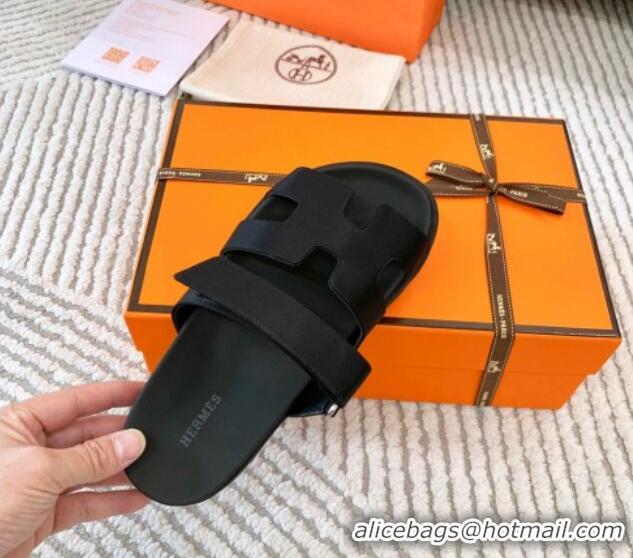 Top Quality Hermes Chypre Flat Sandals in Satin Fabric Black 123112