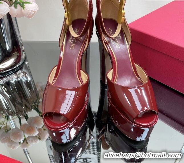 Best Grade Valentino Tan-Go Platform Sandals 15.5cm in Patent Leather Burgundy 108088