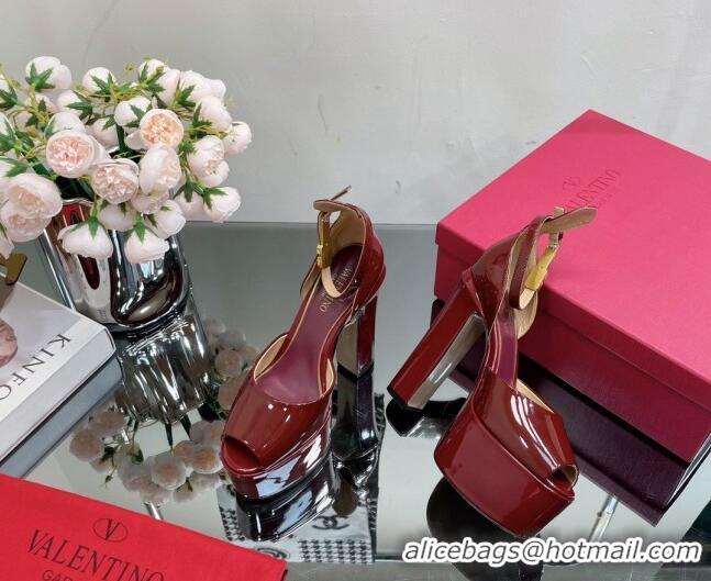 Best Grade Valentino Tan-Go Platform Sandals 15.5cm in Patent Leather Burgundy 108088