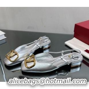 Low Price Valentino VLogo Metallic Leather Flat Ballerinas Silver 0108093