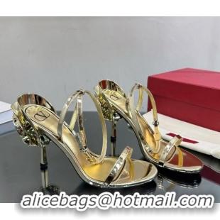 Good Looking Valentino Roserouche Sandal 9cm in Glaze Calfskin Gold 108097