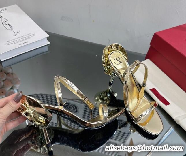 Good Looking Valentino Roserouche Sandal 9cm in Glaze Calfskin Gold 108097