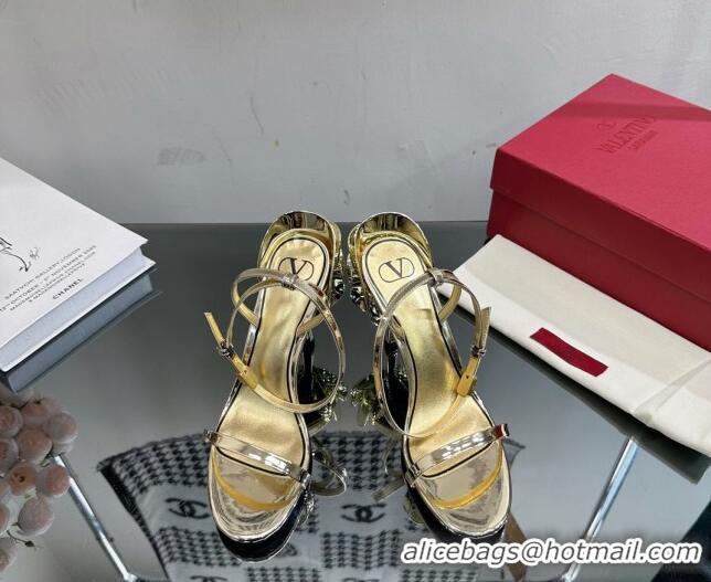 Good Looking Valentino Roserouche Sandal 9cm in Glaze Calfskin Gold 108097