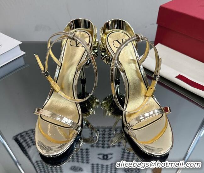 Good Looking Valentino Roserouche Sandal 9cm in Glaze Calfskin Gold 108097