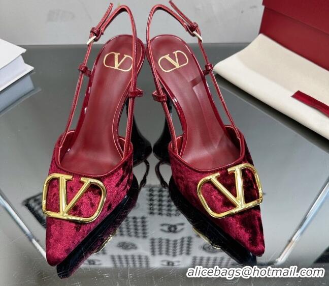 Classic Hot Valentino VLogo Signature Slingback Pumps 8cm in Velvet Red 108101