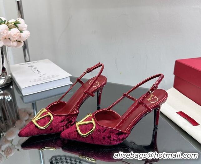 Classic Hot Valentino VLogo Signature Slingback Pumps 8cm in Velvet Red 108101