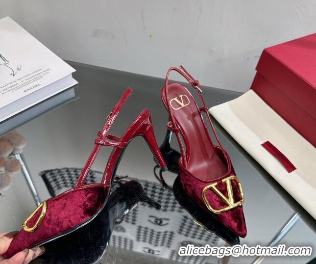 Classic Hot Valentino VLogo Signature Slingback Pumps 8cm in Velvet Red 108101