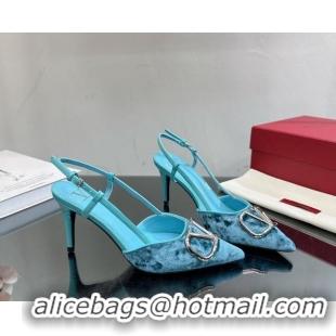 Pretty Style Valentino VLogo Signature Slingback Pumps 8cm in Velvet Light Blue 0108102