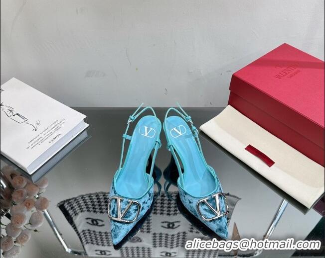 Pretty Style Valentino VLogo Signature Slingback Pumps 8cm in Velvet Light Blue 0108102