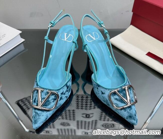 Pretty Style Valentino VLogo Signature Slingback Pumps 8cm in Velvet Light Blue 0108102