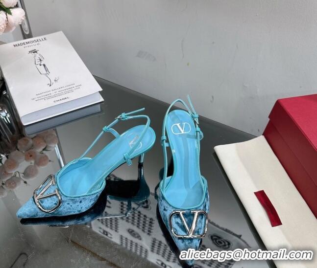 Pretty Style Valentino VLogo Signature Slingback Pumps 8cm in Velvet Light Blue 0108102