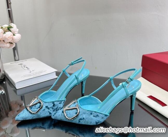 Pretty Style Valentino VLogo Signature Slingback Pumps 8cm in Velvet Light Blue 0108102