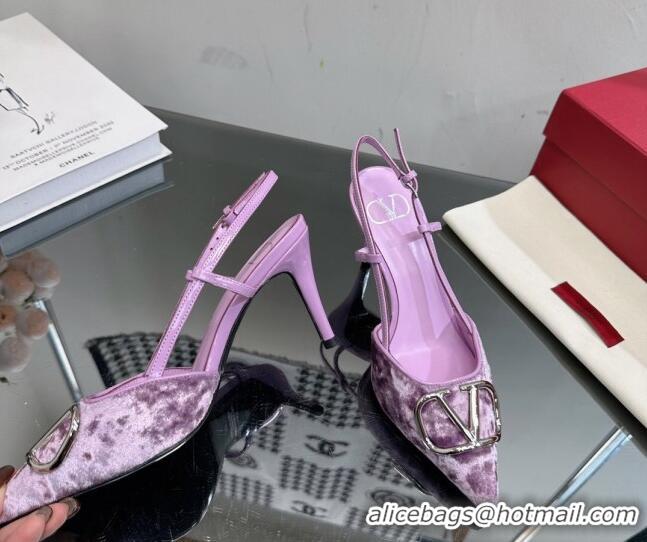 Unique Style Valentino VLogo Signature Slingback Pumps 8cm in Velvet Light Purple 108104