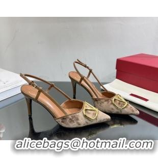 Feminine Valentino VLogo Signature Slingback Pumps 8cm in Velvet Light Brown 0108105