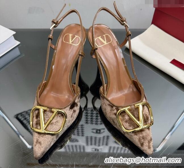 Feminine Valentino VLogo Signature Slingback Pumps 8cm in Velvet Light Brown 0108105